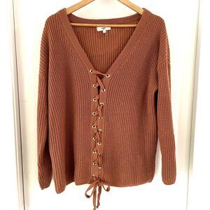 Entro Womens Sz L V-Neck Lace Up Knit Long Sleeve Boho Indie Oversized Sweater